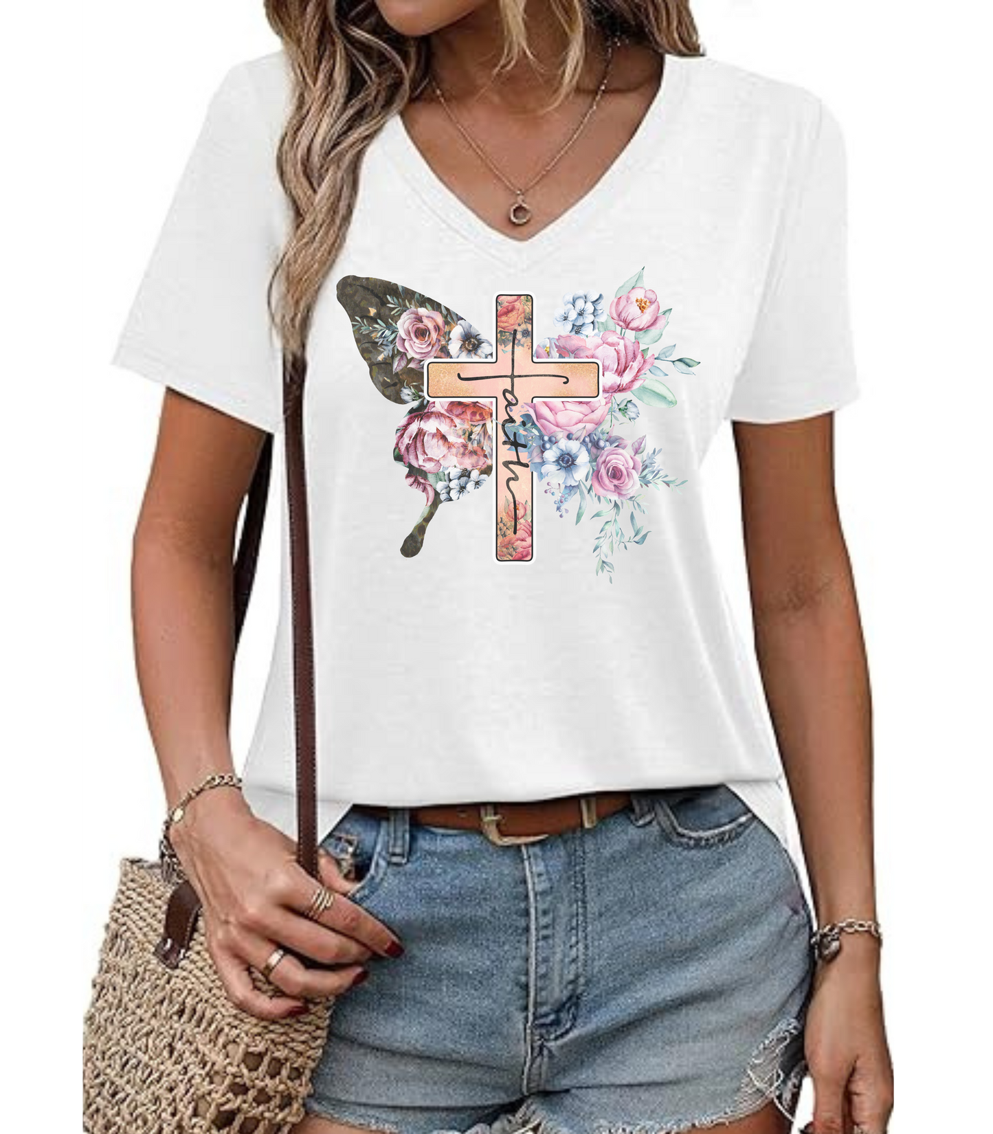 Floral Cross V-Neck Tee