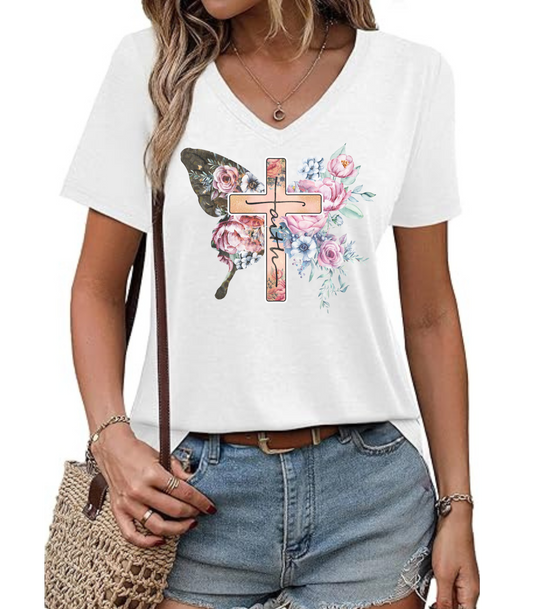 Floral Cross V-Neck Tee
