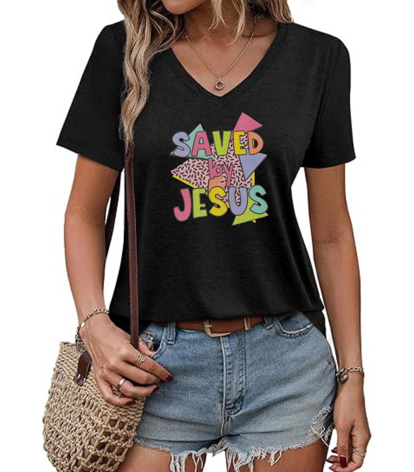 Retro Saved by Jesus V-Neck T-Shirt