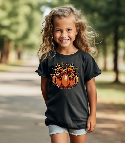Leopard Pumpkin Bow Kids Tee