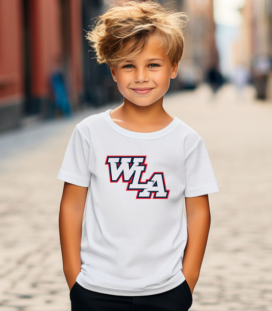 Kids Tee — WLA School Spirit Shirt (White, Maroon Outline)