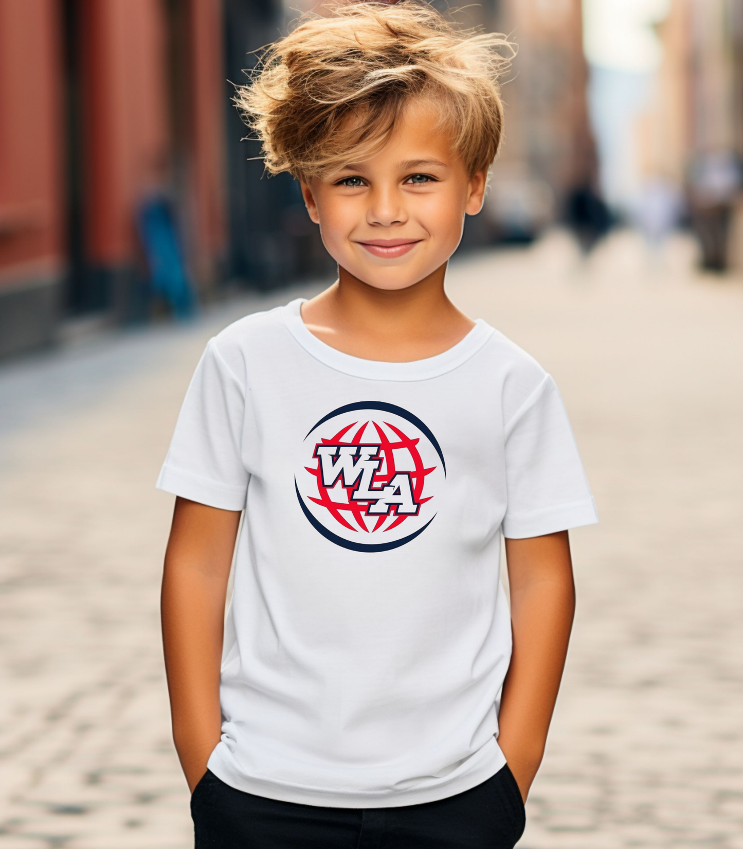 Kids Tee — Red & Black Globe WLA Logo