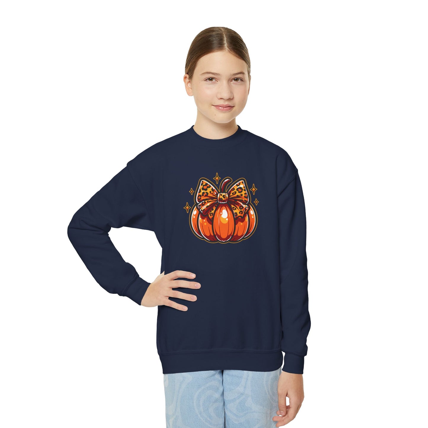 Leopard Pumpkin Bow Youth Crewneck Sweatshirt