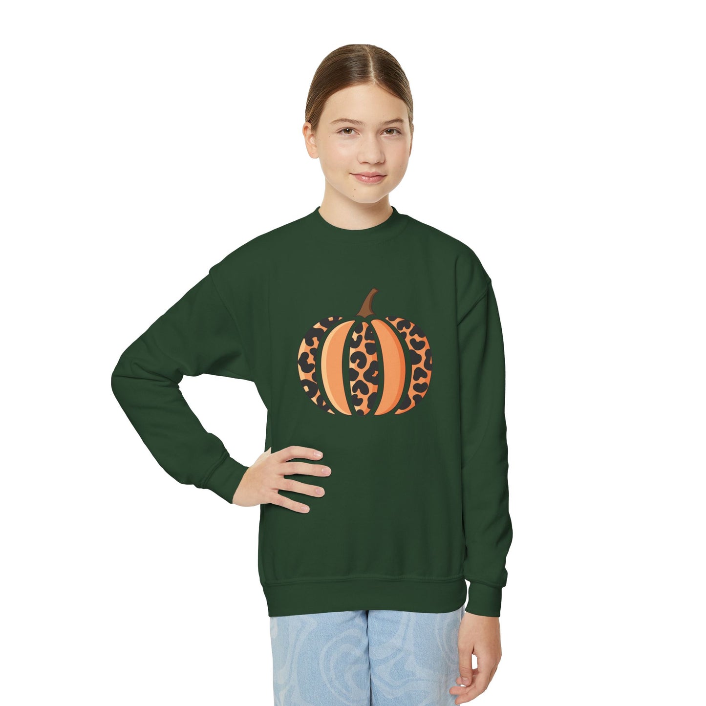 Leopard Print Pumpkin Youth Crewneck Sweatshirt