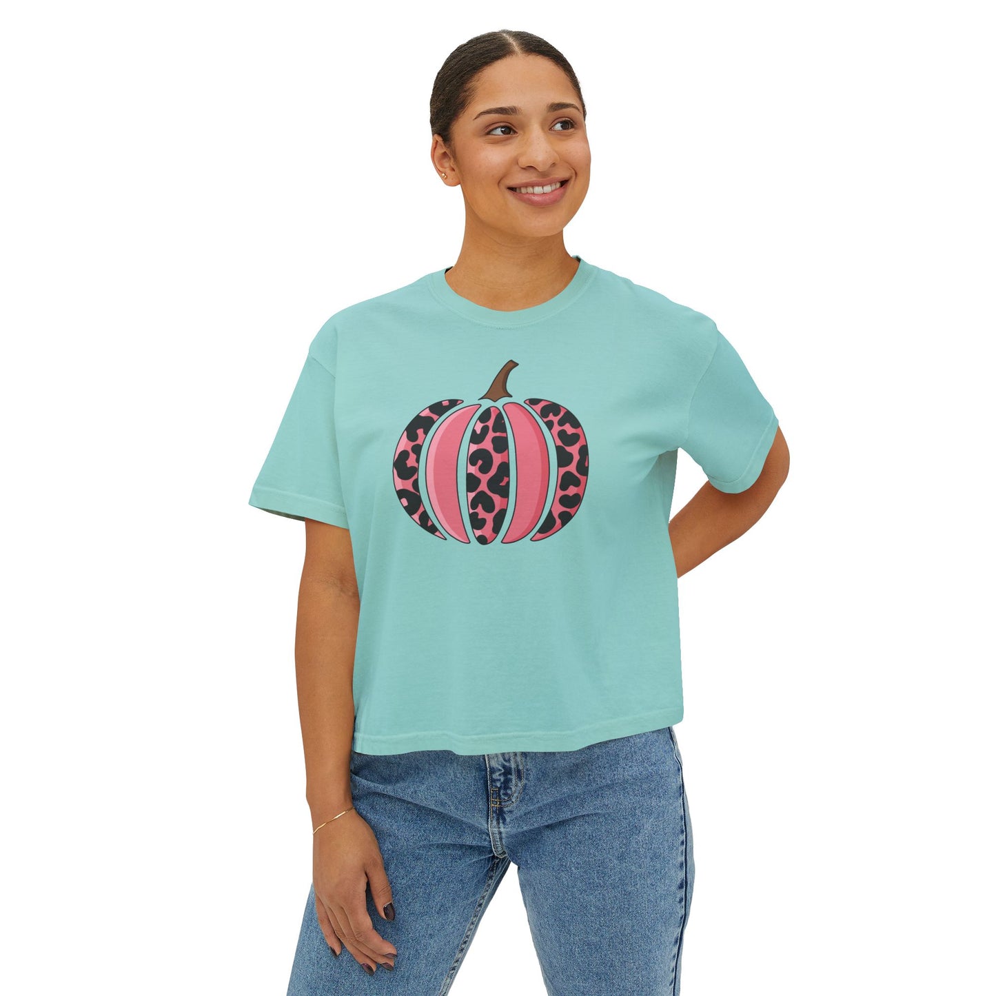 Pink Leopard Print Pumpkin  Boxy Tee
