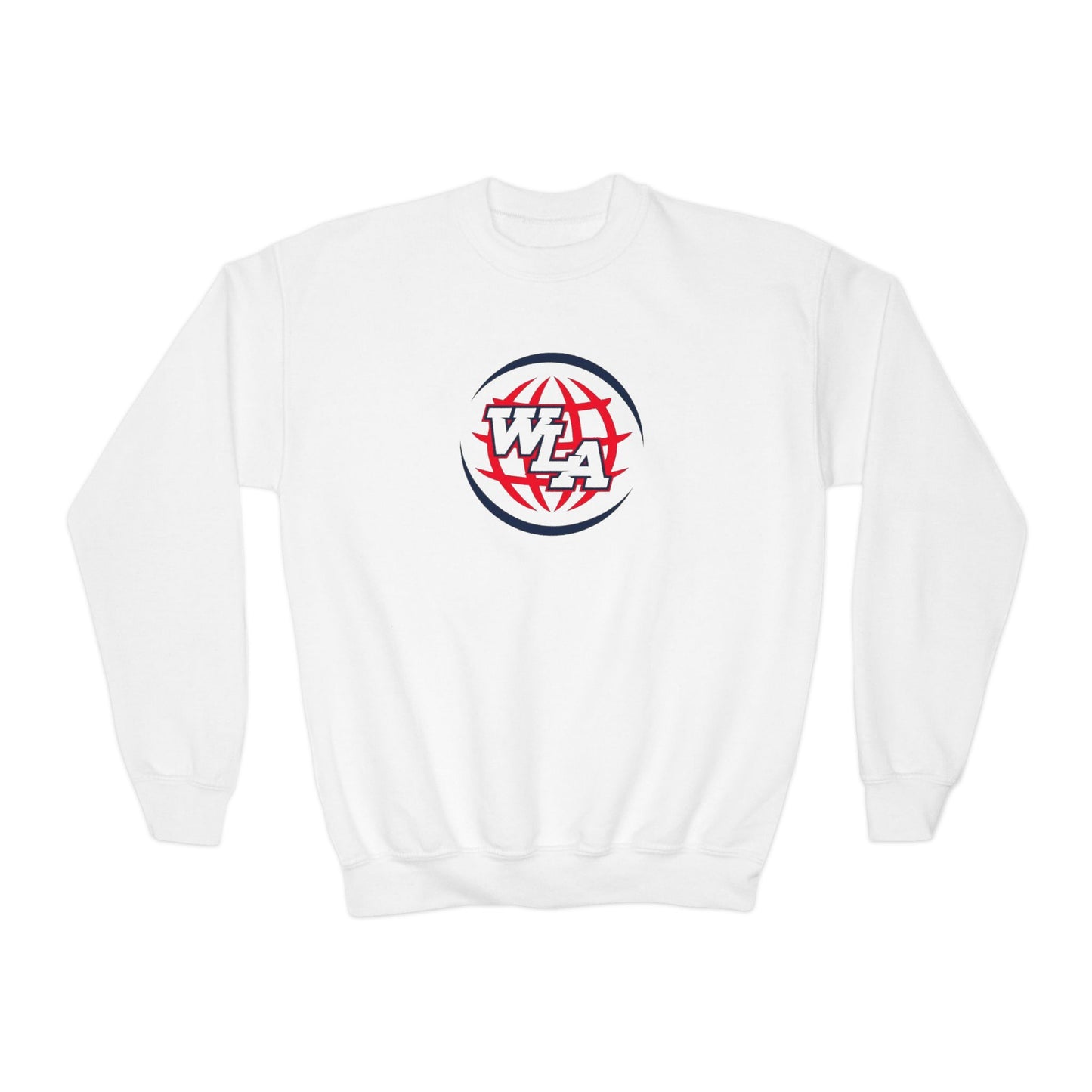 Youth Crewneck Sweatshirt — Red & Navy Globe 'WLA' Logo