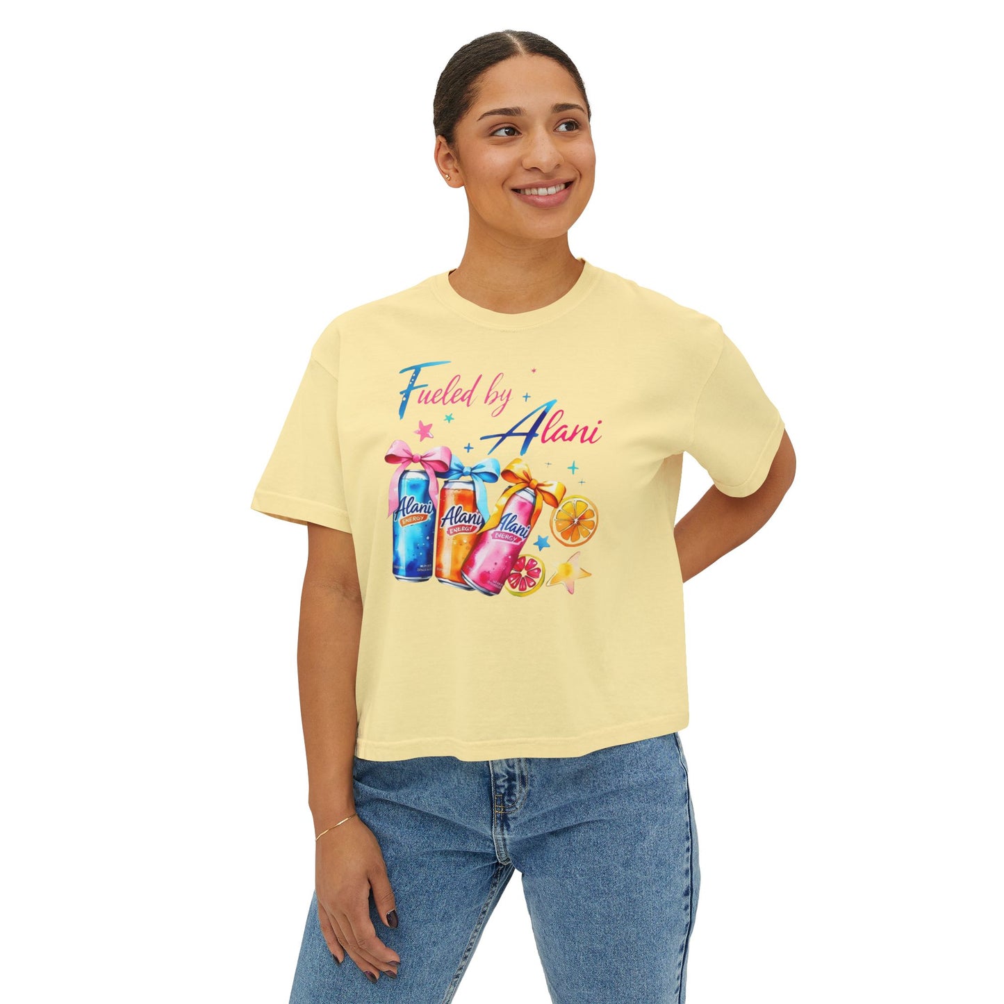 Alani Fueled Women's Boxy Tee, Summer Vibes Shirt, Casual Everyday Tee, Workout Top, Gift for Fitness Lovers,  Fun Crew Tee