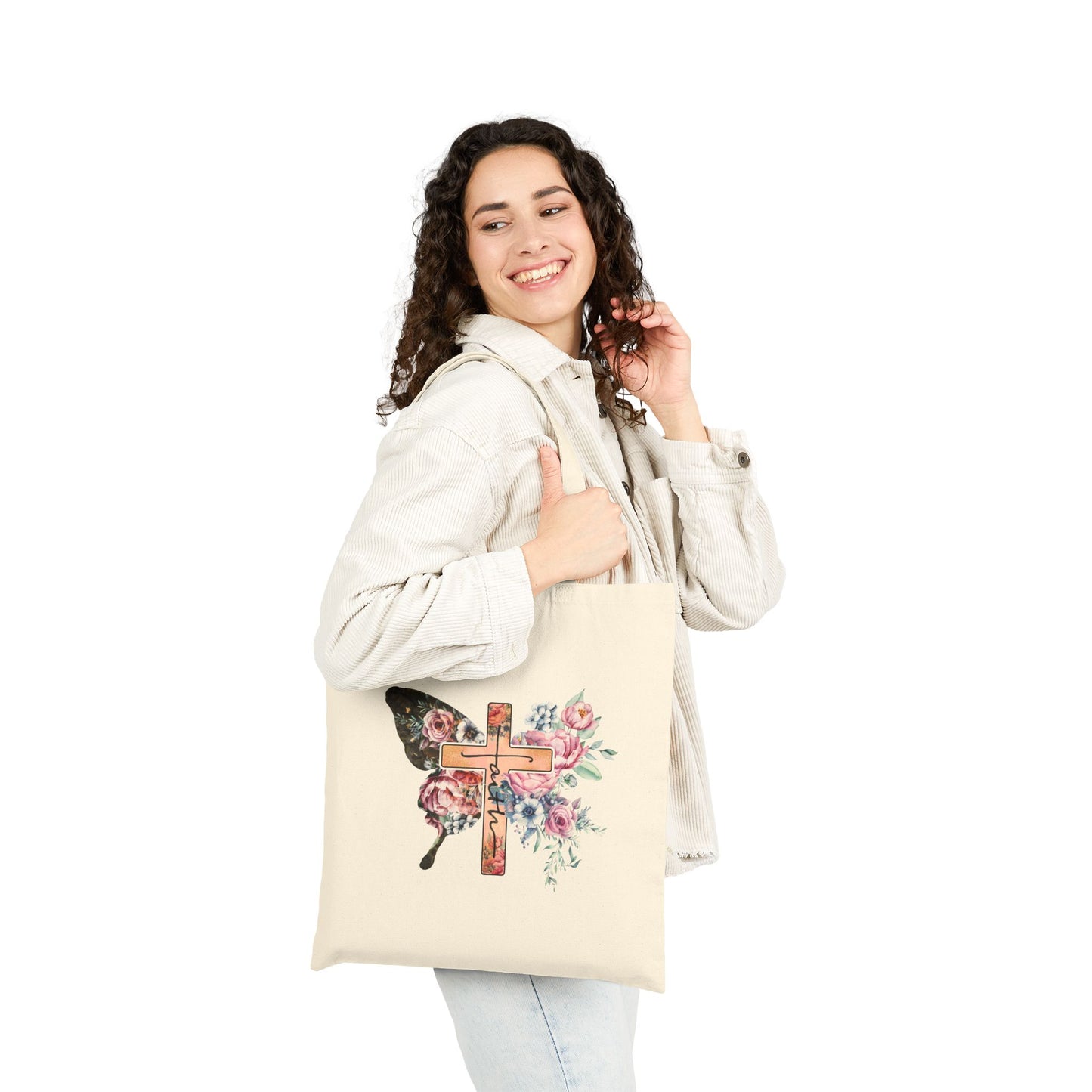 Floral Cross Cotton Canvas Tote Bag