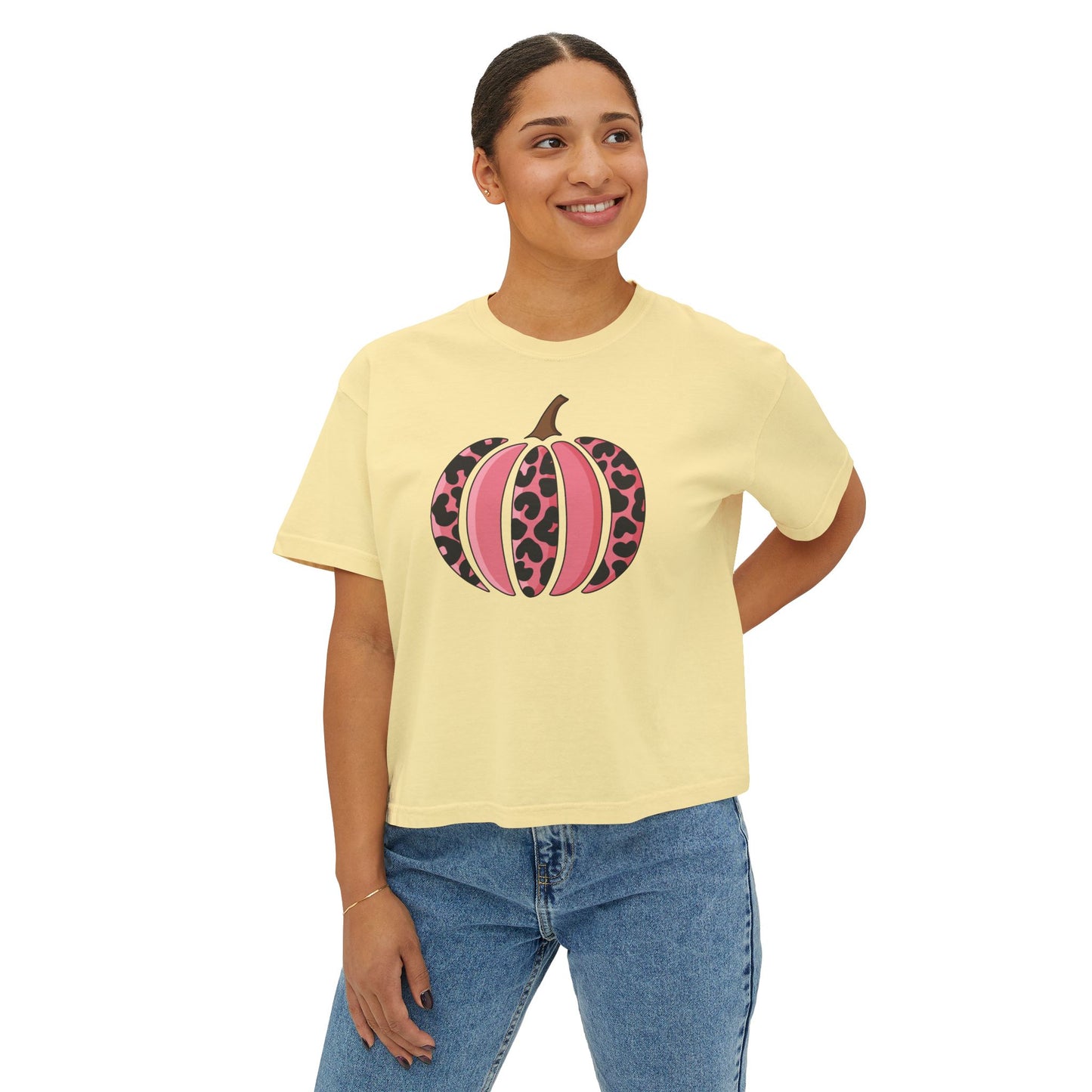 Pink Leopard Print Pumpkin  Boxy Tee
