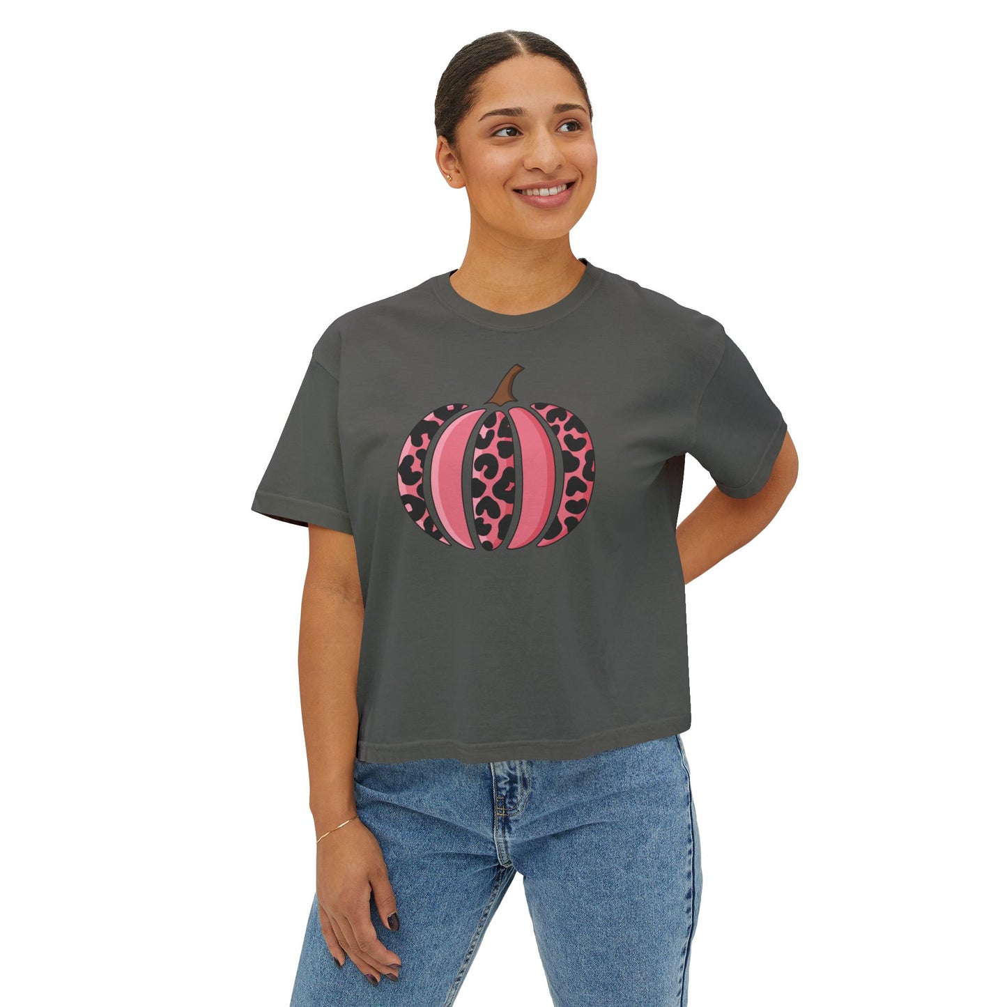 Pink Leopard Print Pumpkin  Boxy Tee