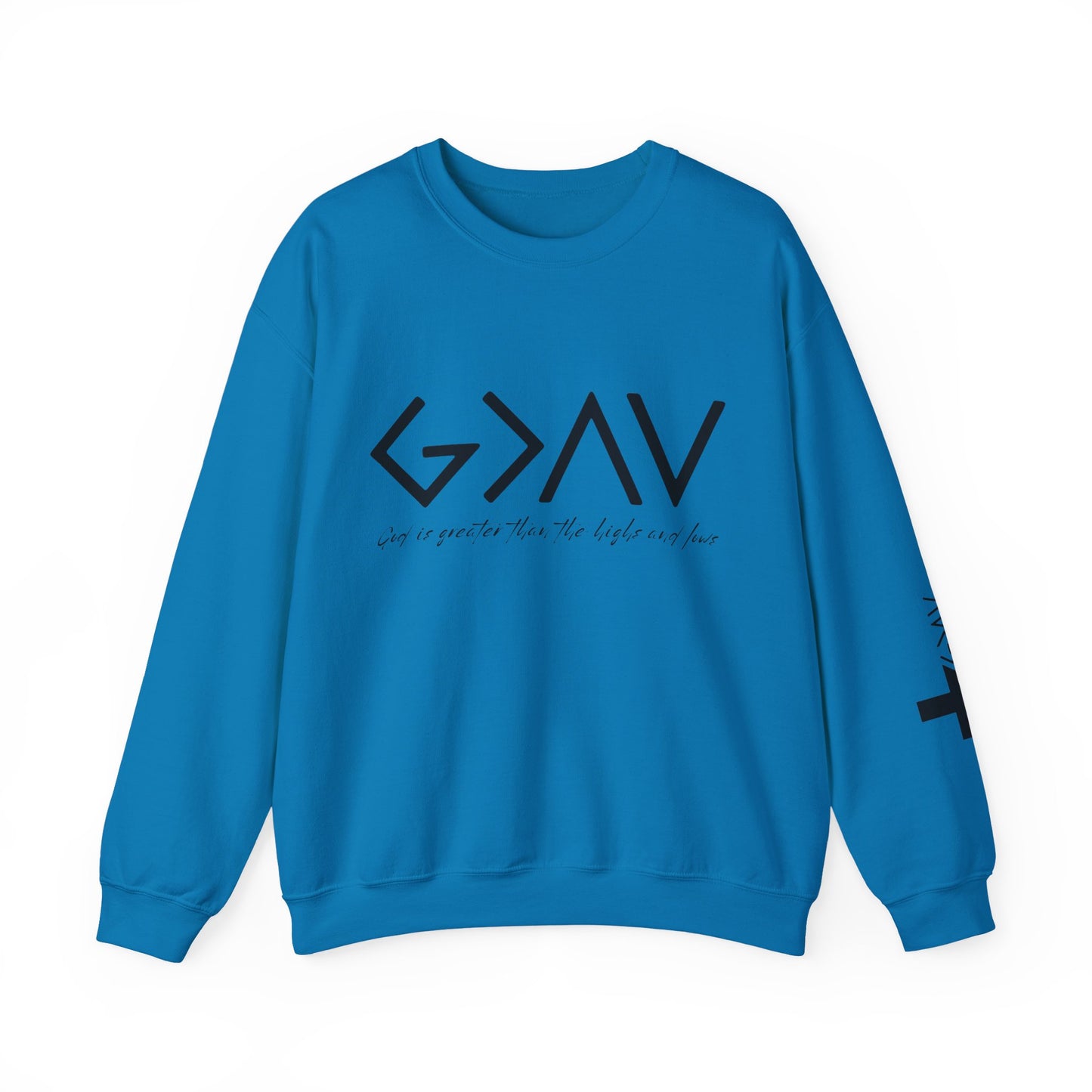 God is Greater with Cross Sleeve Crewneck Sweatshirt