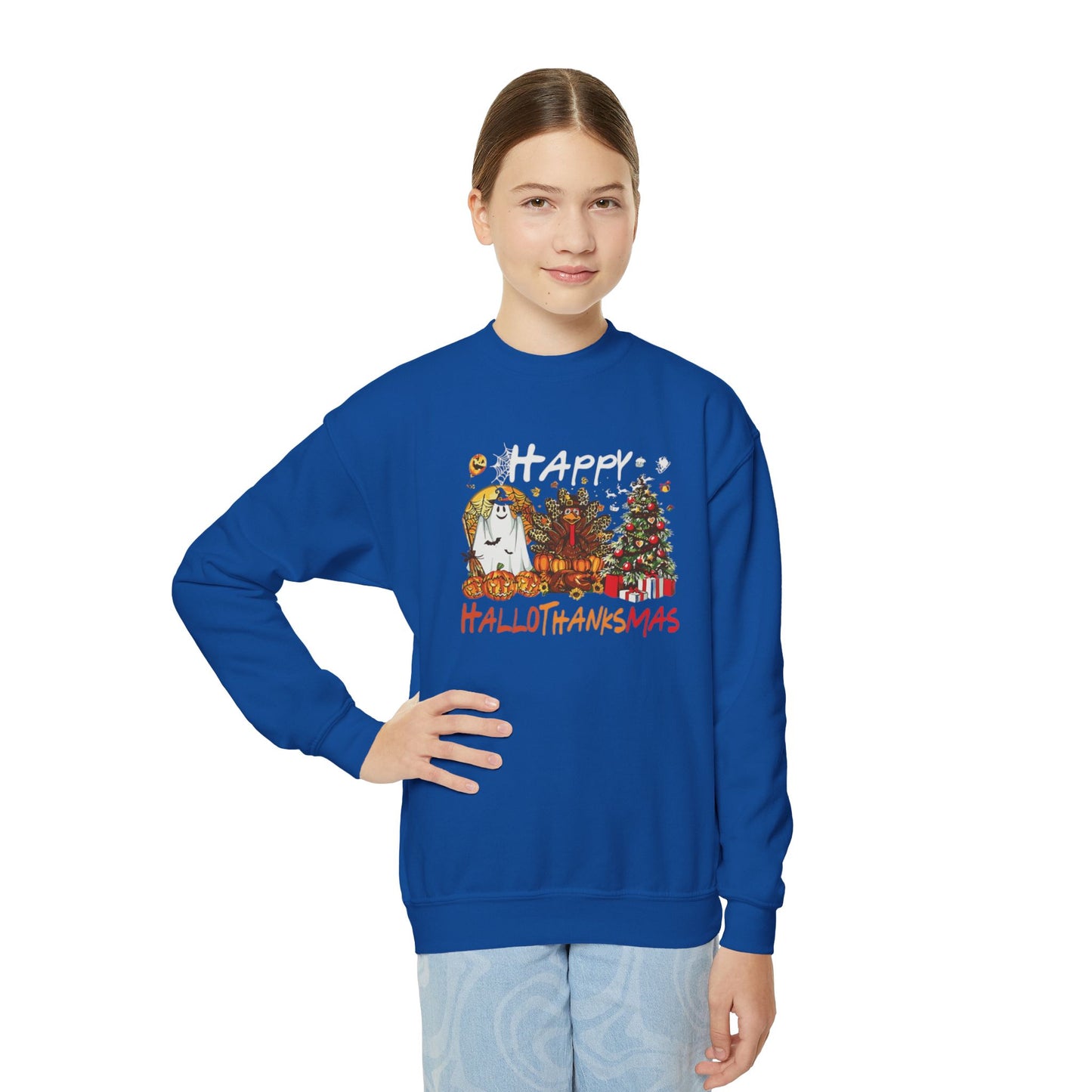 Happy Hallothanksmas Characters Youth Crewneck Sweatshirt