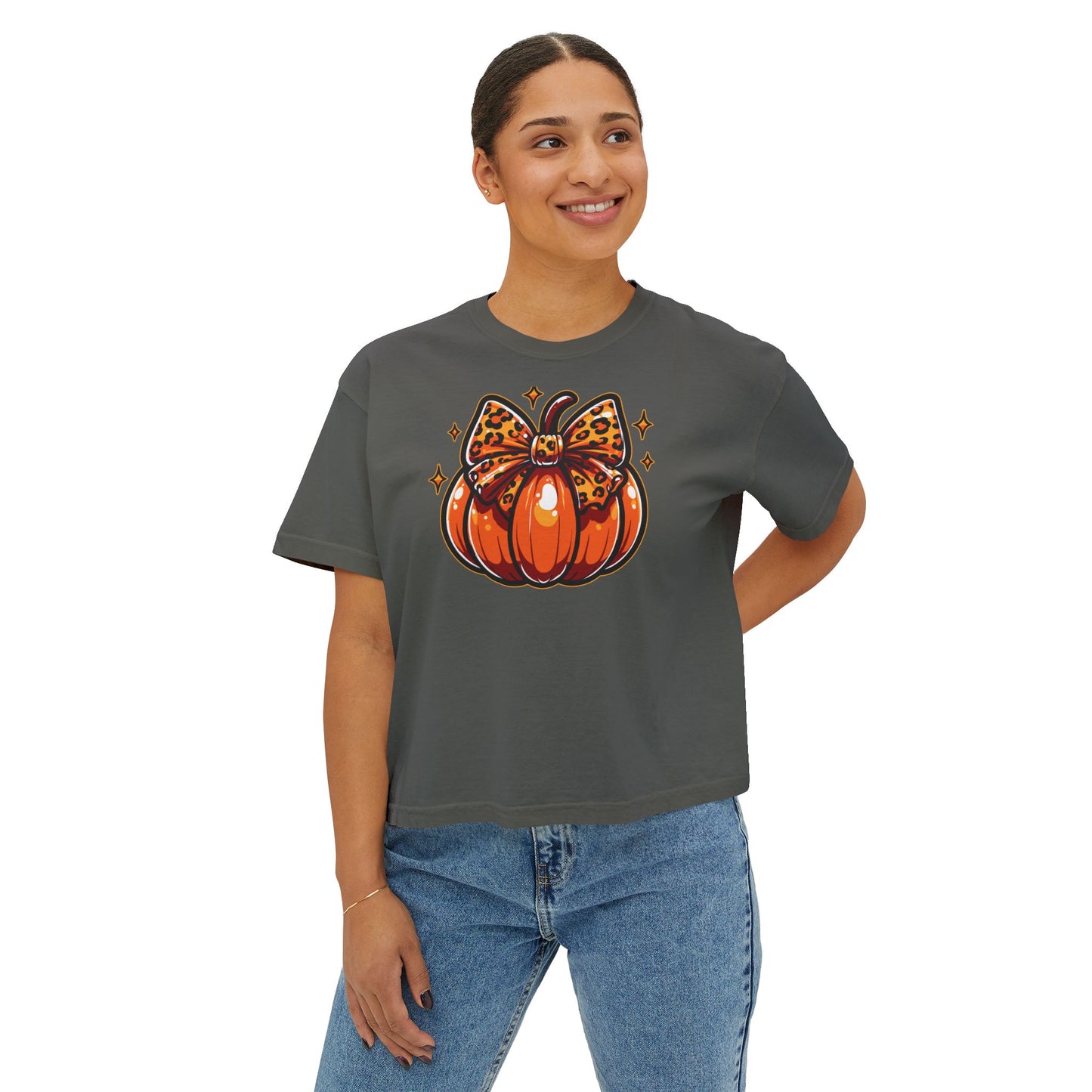 Leopard Pumpkin Bow Boxy Tee