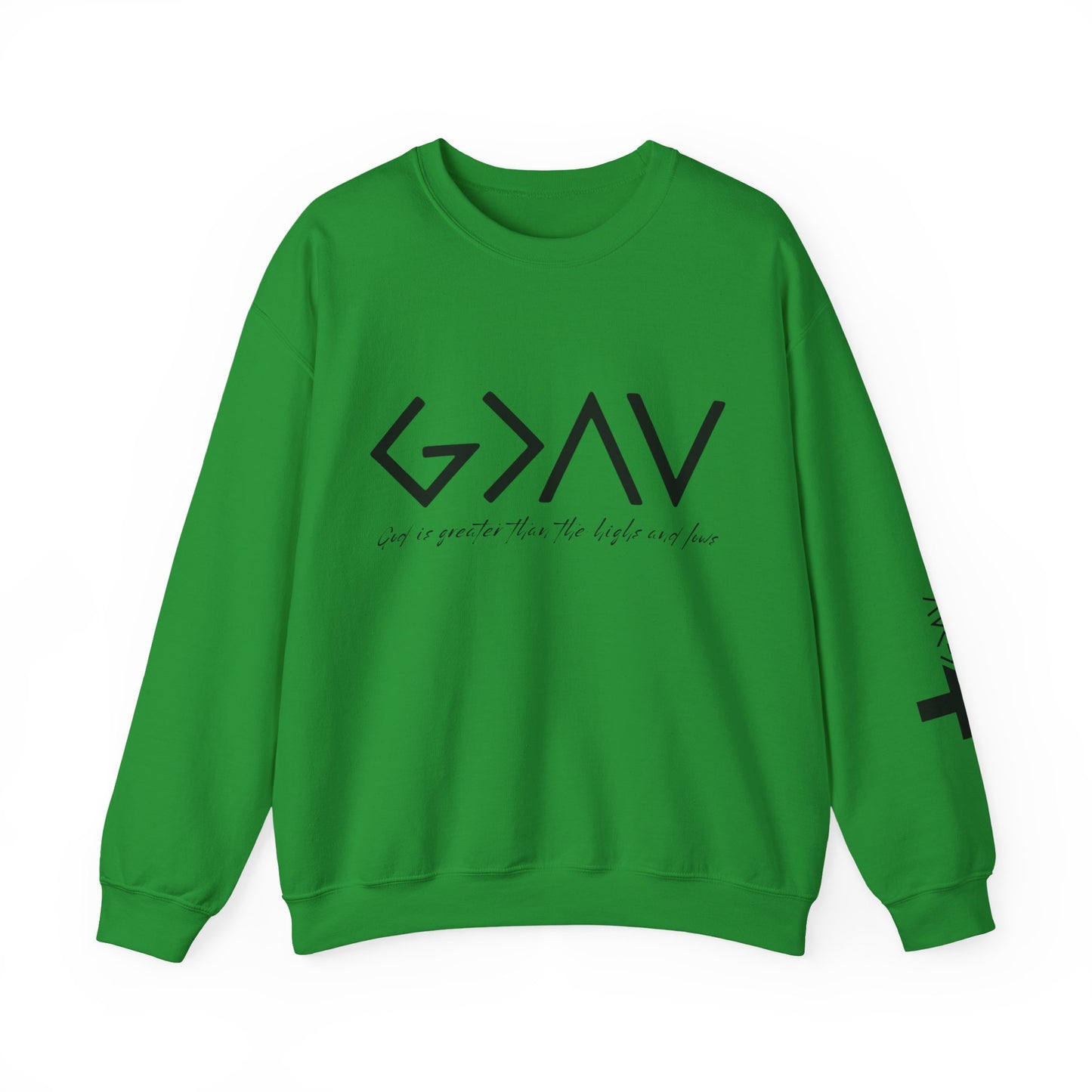 God is Greater with Cross Sleeve Crewneck Sweatshirt