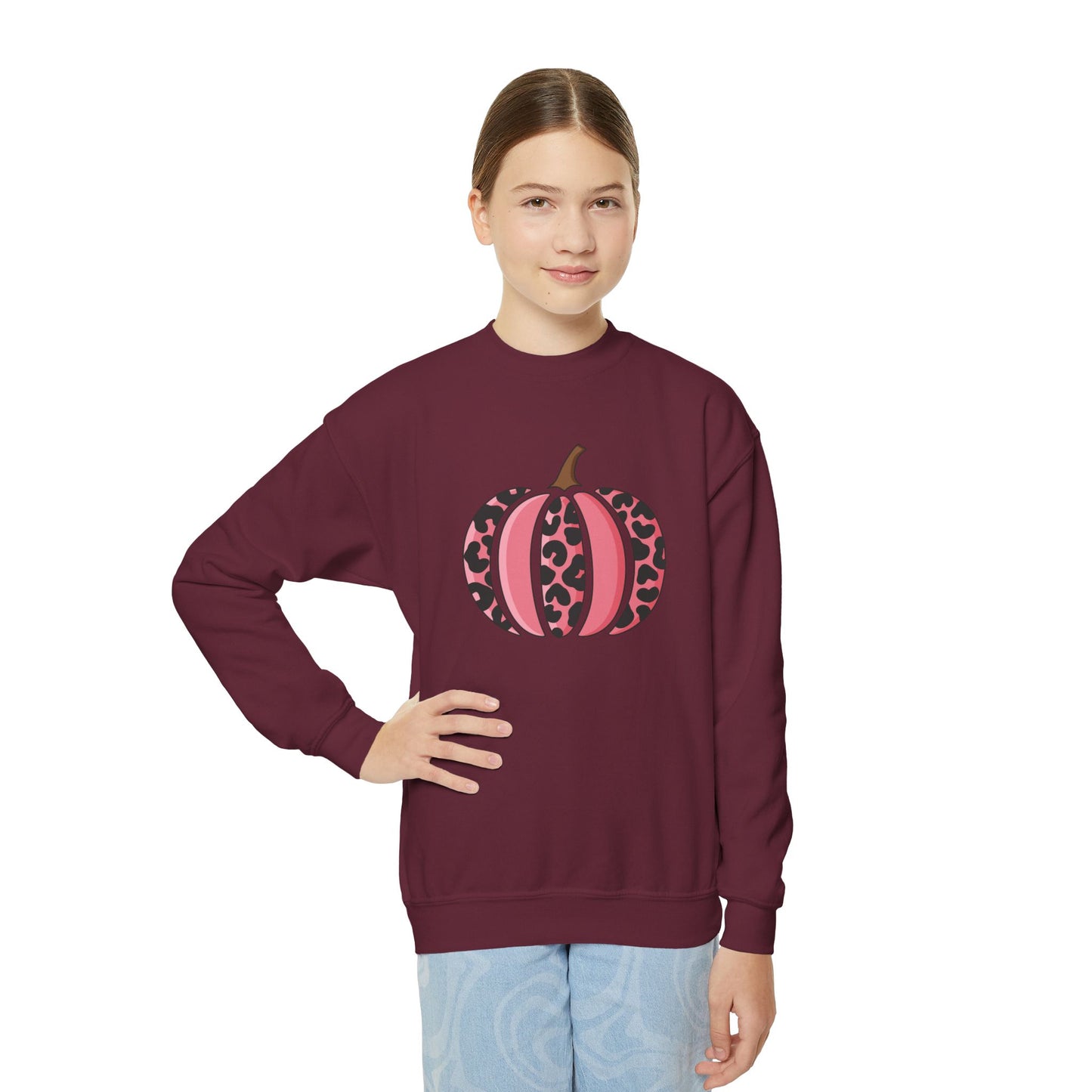 Pink Leopard Pumpkin Youth Crewneck Sweatshirt