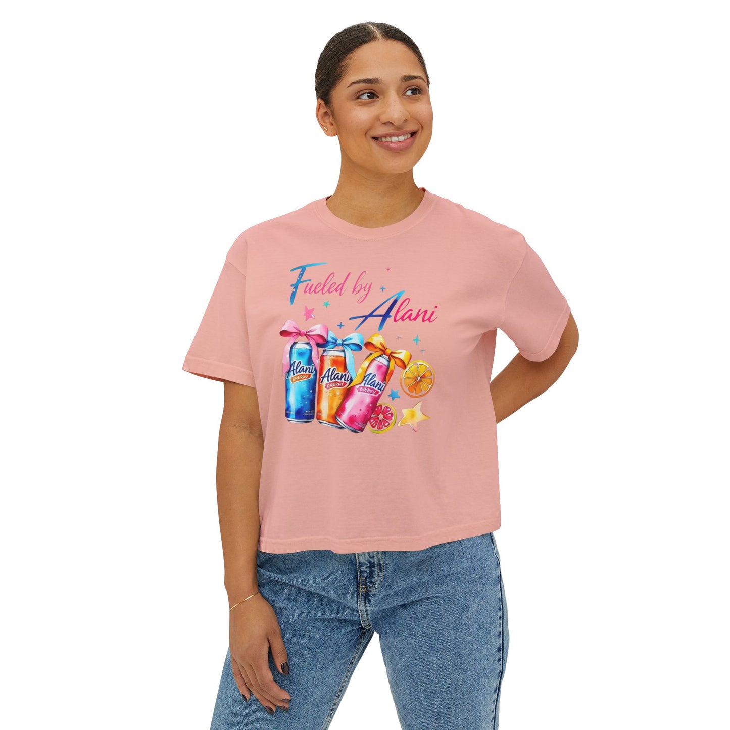 Alani Fueled Women's Boxy Tee, Summer Vibes Shirt, Casual Everyday Tee, Workout Top, Gift for Fitness Lovers,  Fun Crew Tee