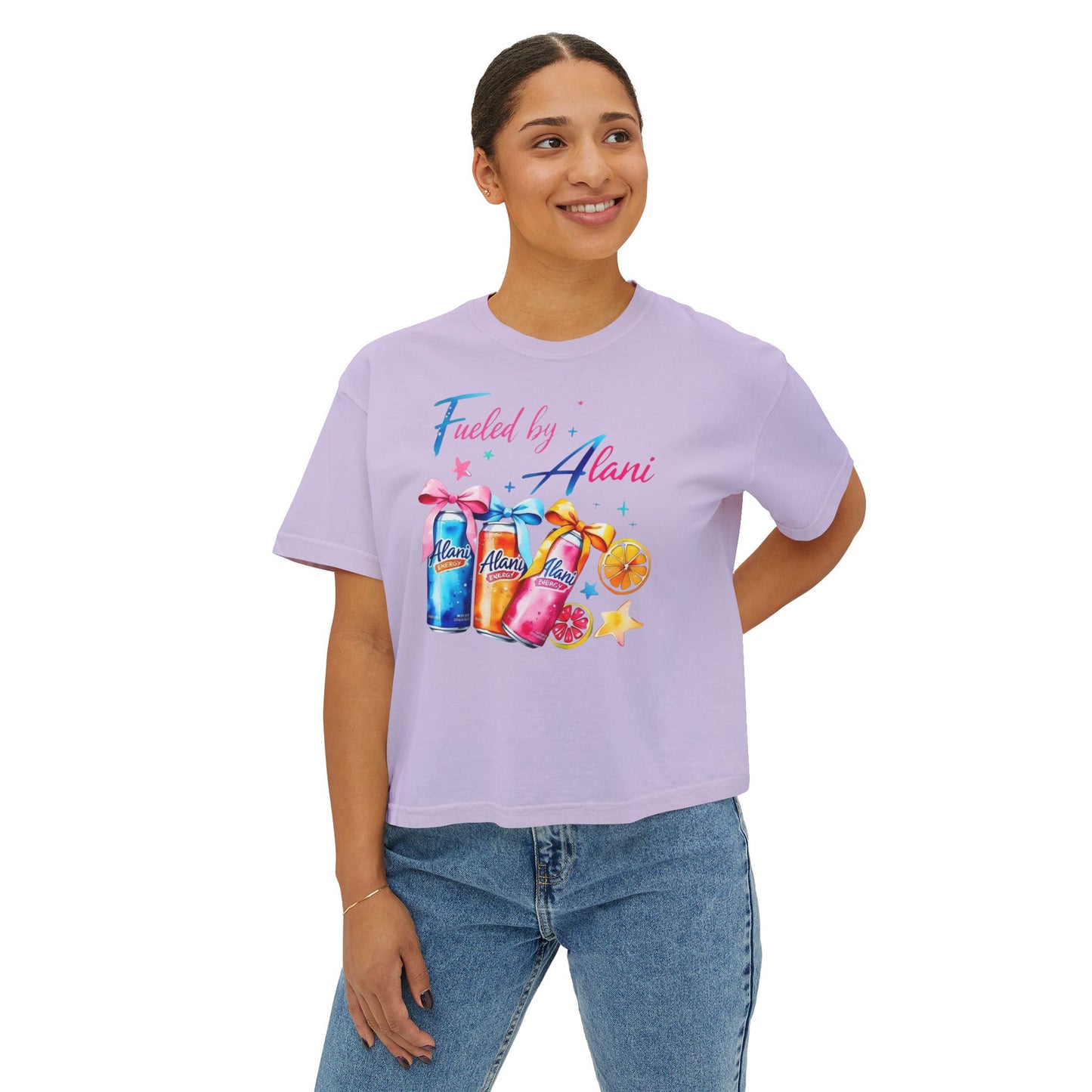 Alani Fueled Women's Boxy Tee, Summer Vibes Shirt, Casual Everyday Tee, Workout Top, Gift for Fitness Lovers,  Fun Crew Tee