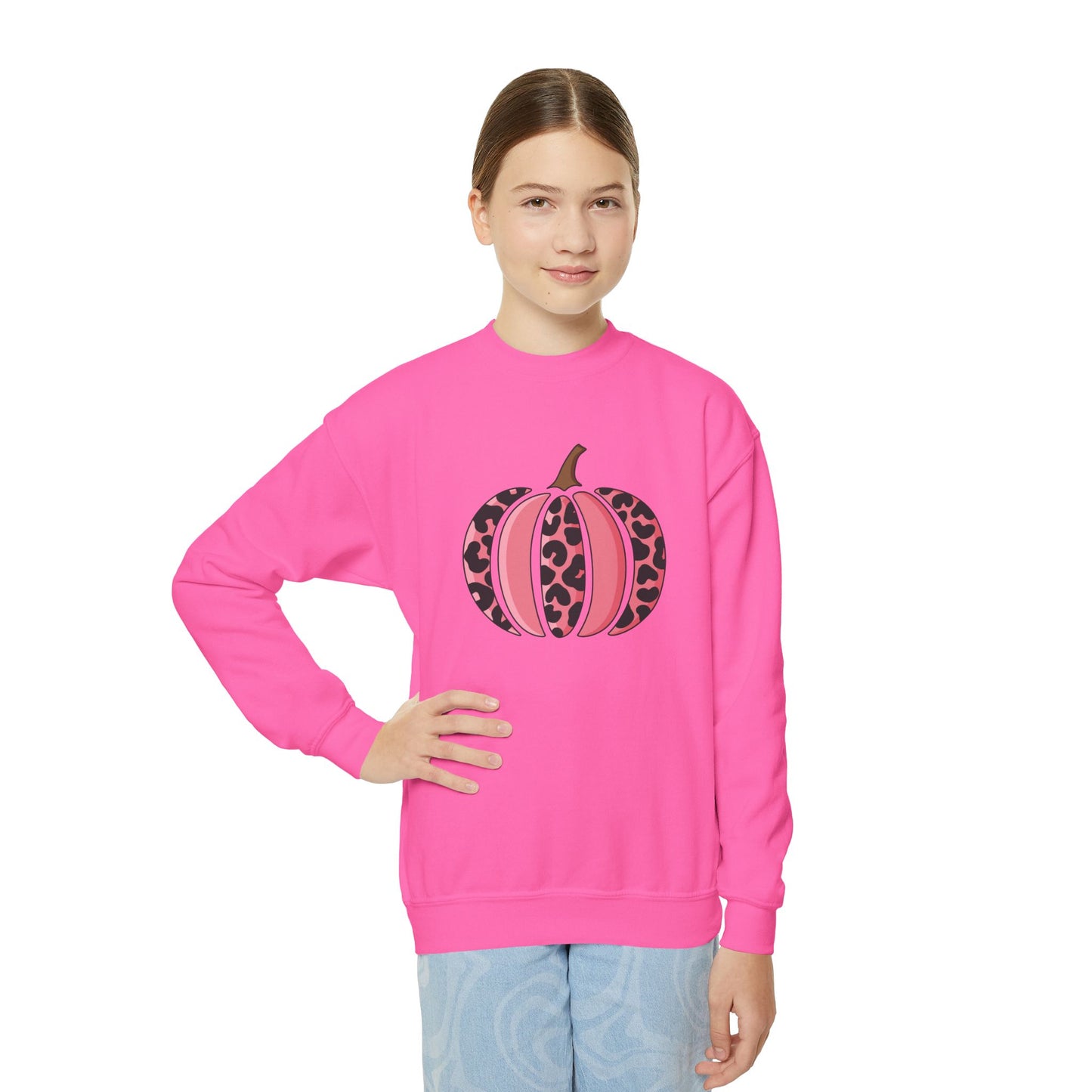 Pink Leopard Pumpkin Youth Crewneck Sweatshirt